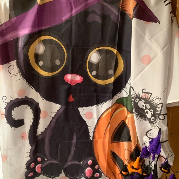 LB Halloween Pumpkins Cat Magic Hat Dots Shower Curtain - Picture 2 of 4